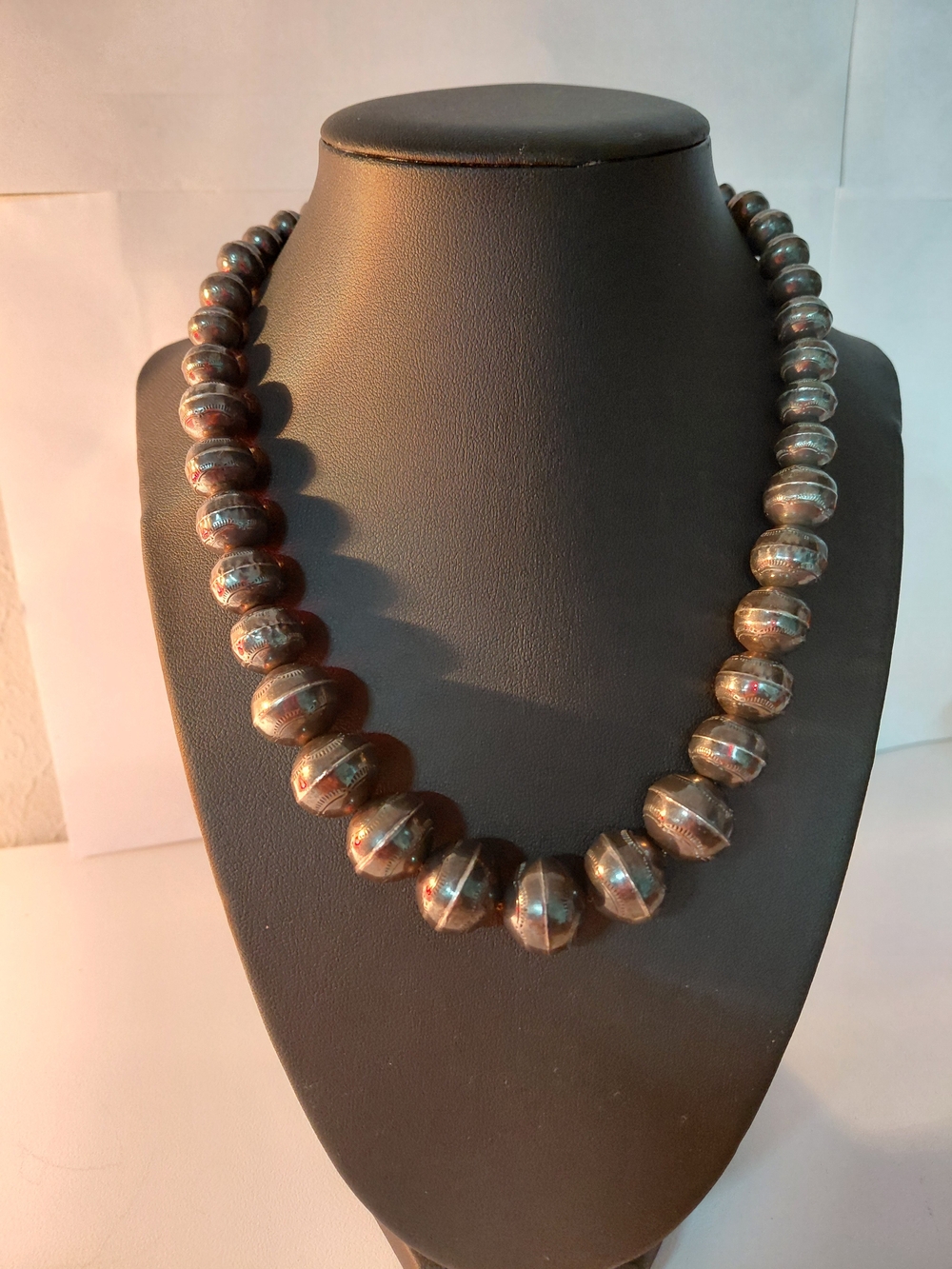 Vintage Graduated Stamped Bead “Navajo Pearl Necklace” - 18 Inches Long